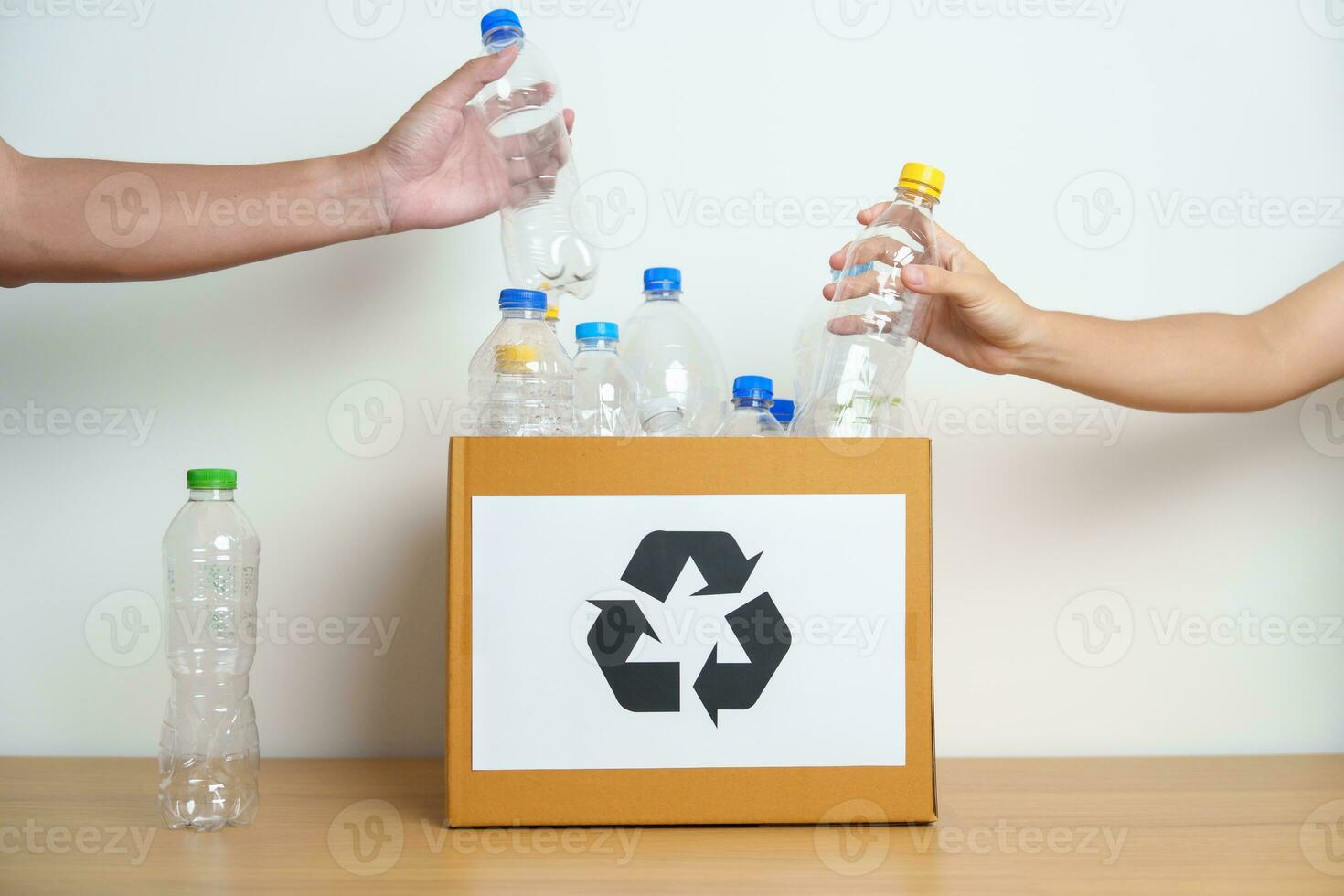 Volunteer keep plastic bottle into paper box at home or office. Hand Sorting Recycle garbage. Ecology, Environmental, pollution, Dispose recycling, waste management and trash Separation concept photo