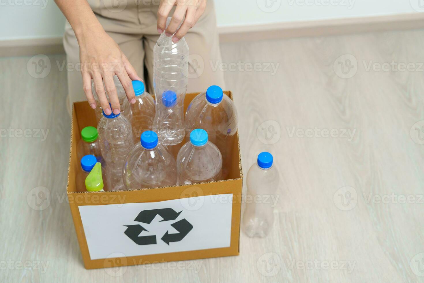 Volunteer keep plastic bottle into paper box at home or office. Hand Sorting Recycle garbage. Ecology, Environmental, pollution, Dispose recycling, waste management and trash Separation concept photo