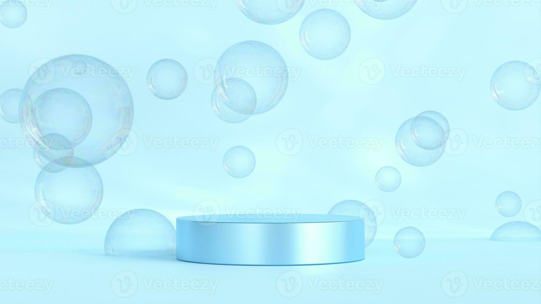 Blue prodium with soap bubbles on blue background. 3D Render. prodium cosmetic background concept. photo