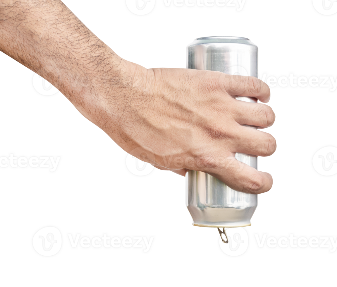 Upside down hand hold mockup shiny aluminum slim can png