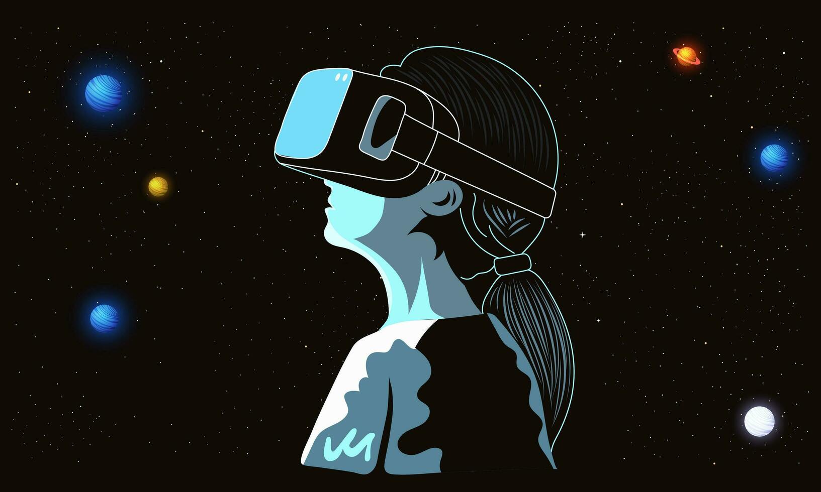 Young Woman Character Watching Outer Planet Through VR Box At Night. vector