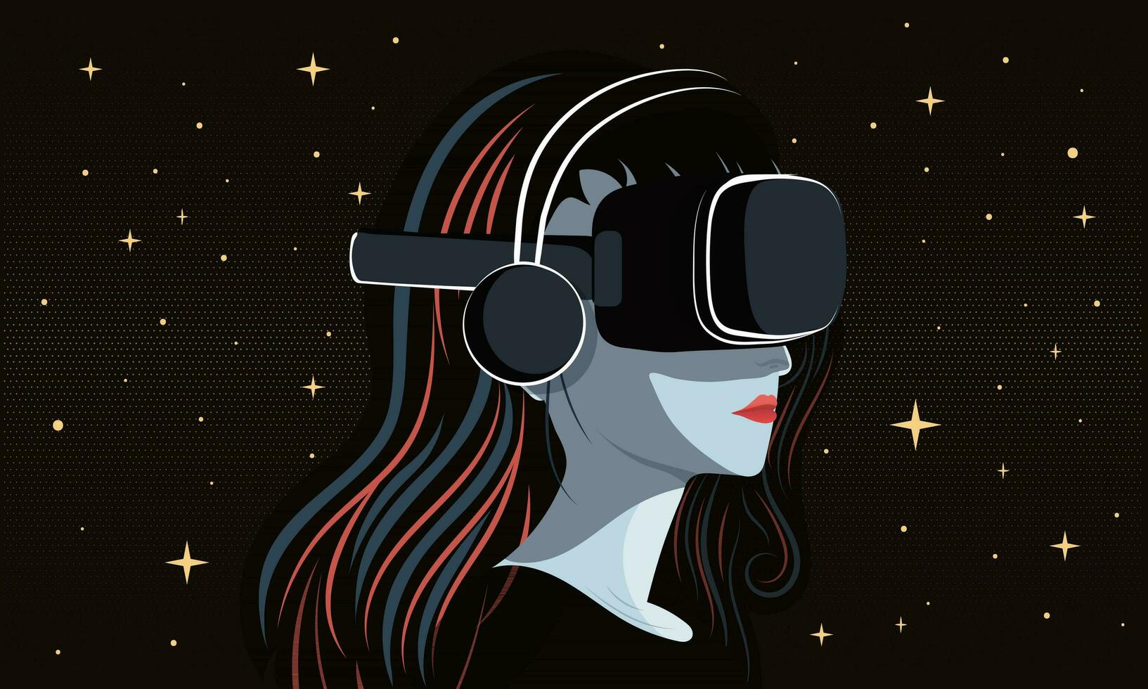 Vector Illustration Of Young Woman Wearing VR Box With Headphone On Dark Galaxy Starry Background.