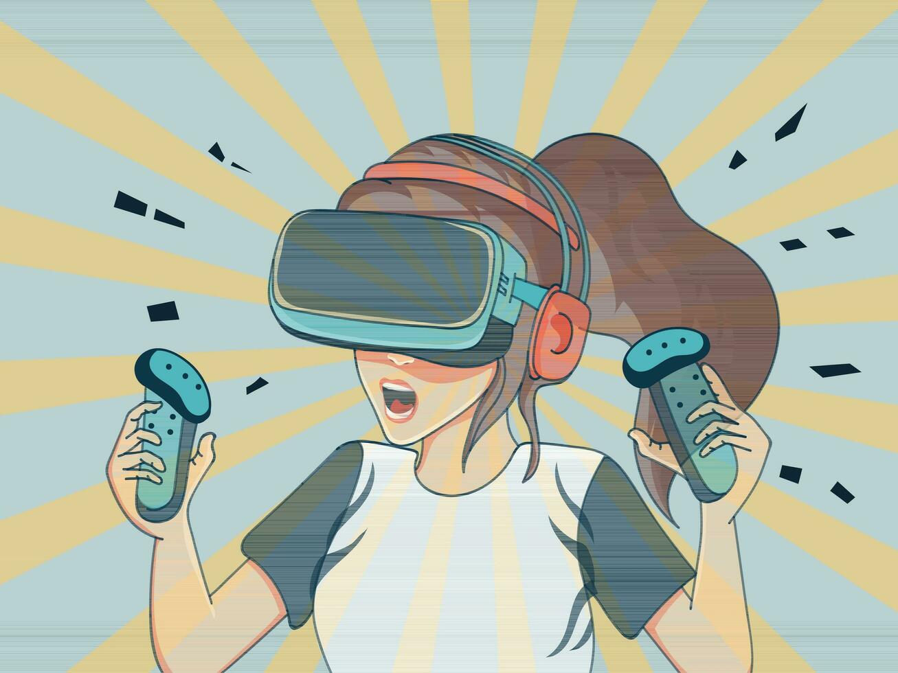 Excited Young Girl Character Wearing VR Headset With Using Controllers On Slate Blue And Yellow Rays Background. vector