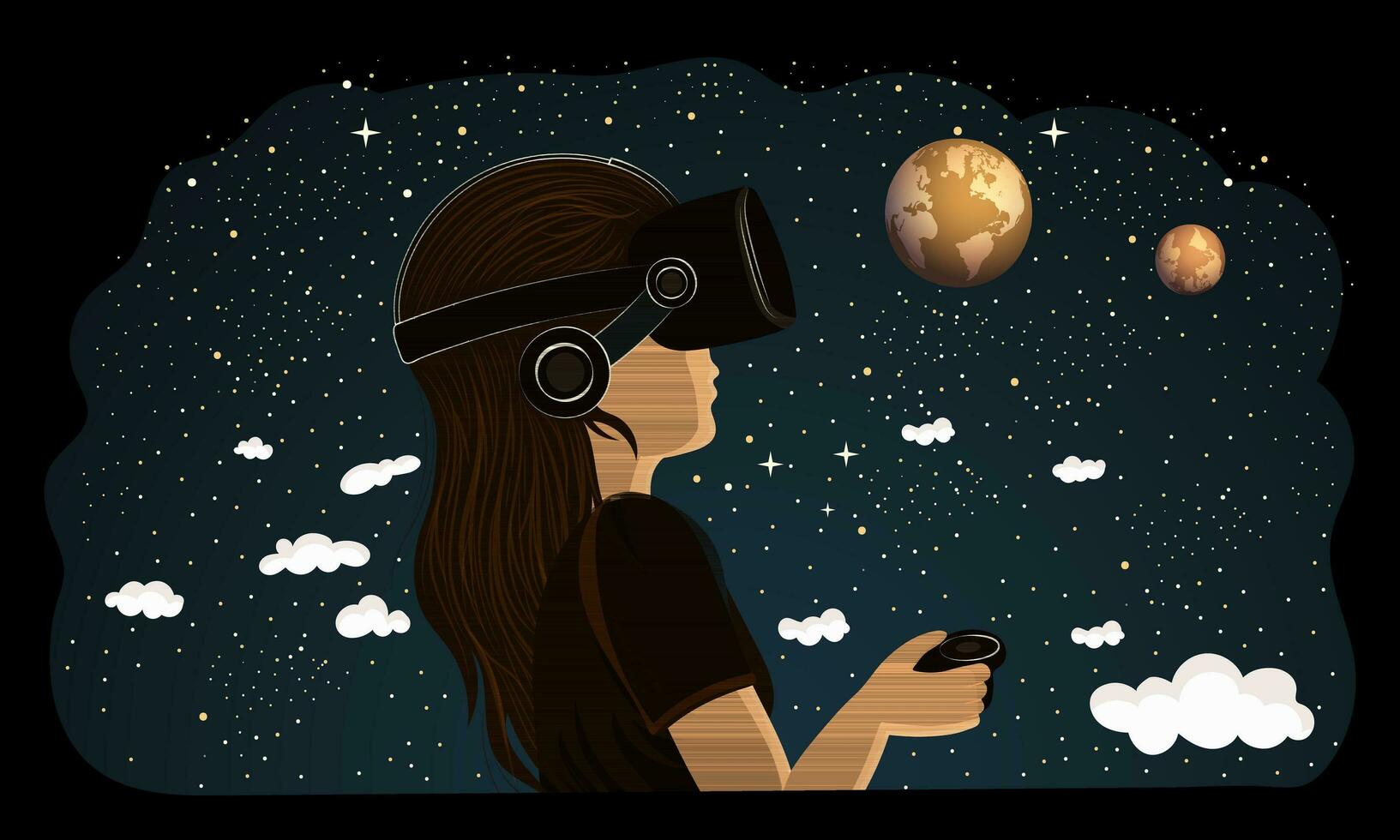 Young Girl Character Wearing VR Headset With Using Controller On Outer Space Background. vector