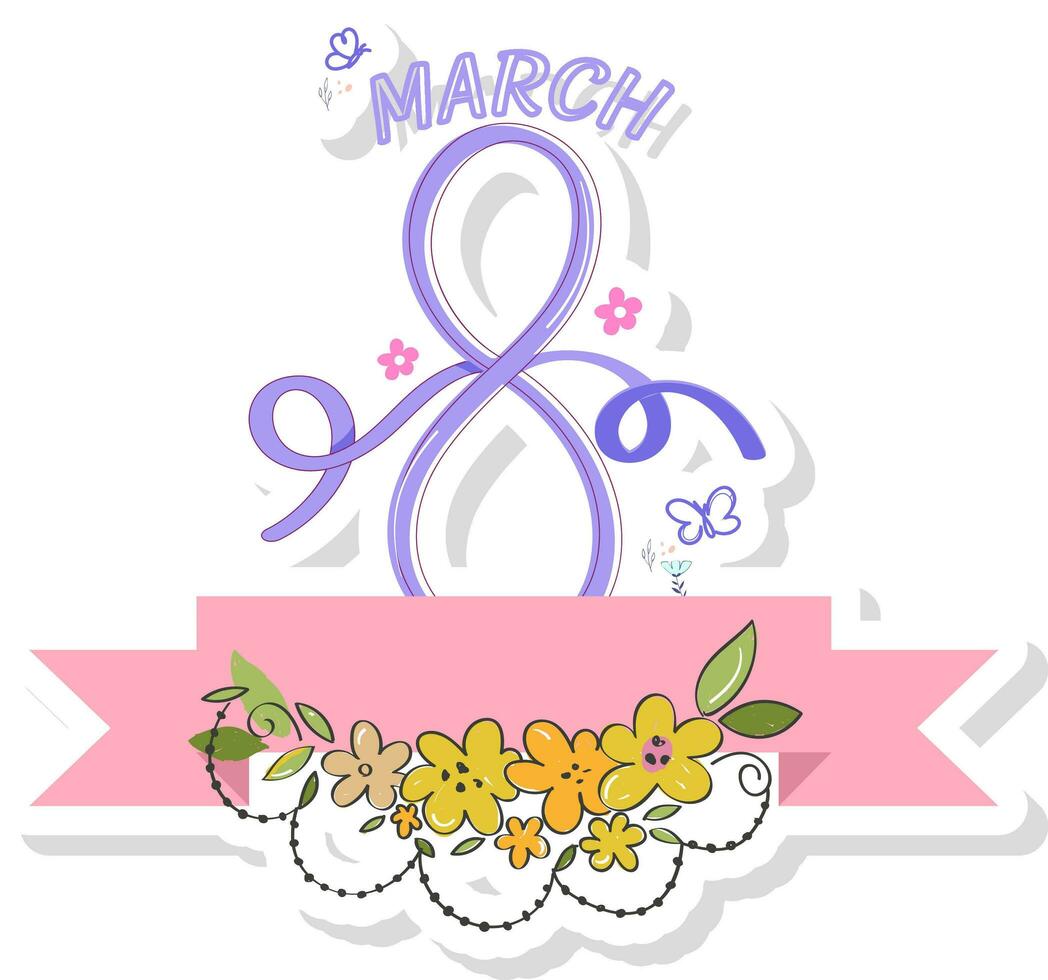 8 Number Formed By Ribbon To March Celebration With Flowers, Butterflies On White Background In Paper Cut. vector