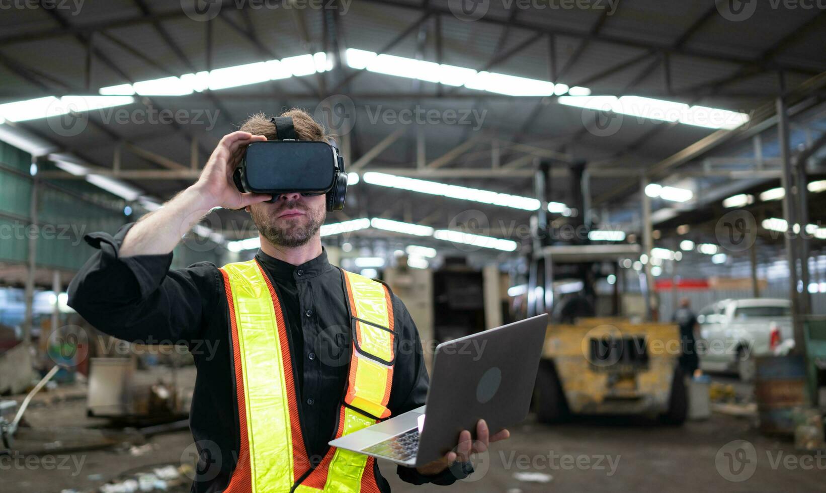 Engineer and mechanical system placement in the old mechanical factory by using a virtual reality simulator design to achieve the most efficient and accurate. photo