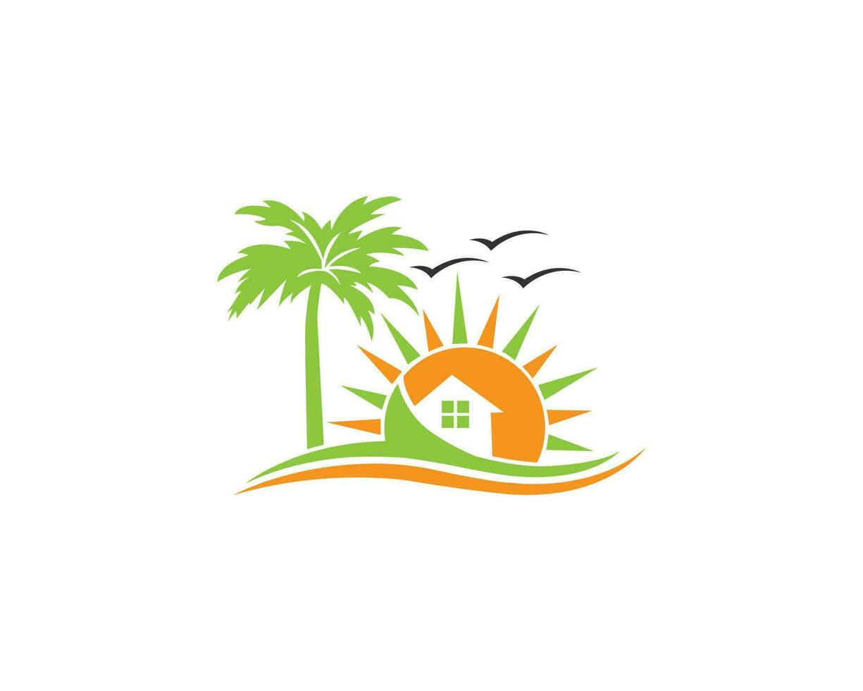 Hotel Beach Palm Tree And Sun Logo Design Template. vector