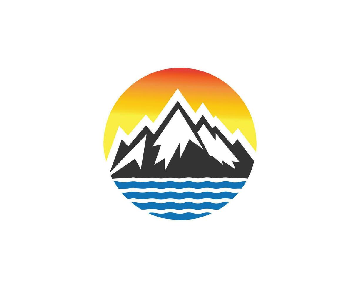 Mountain, Sun And River Lake And Sun In Circle Logo Design Vector. vector
