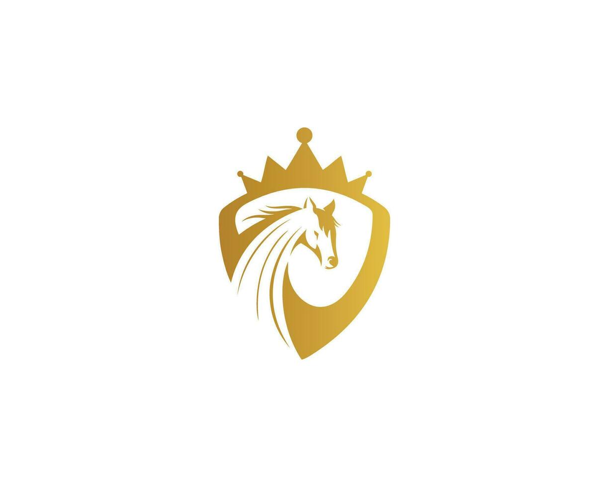 Luxury Horse Shield With Crown Logo. Gold Royal Horse King Symbol Premium Vector Icon Template.