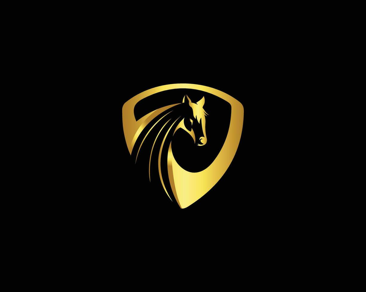 Luxury Horse With Shield Logo. Gold Royal Horse Symbol Premium Vector Icon Template.