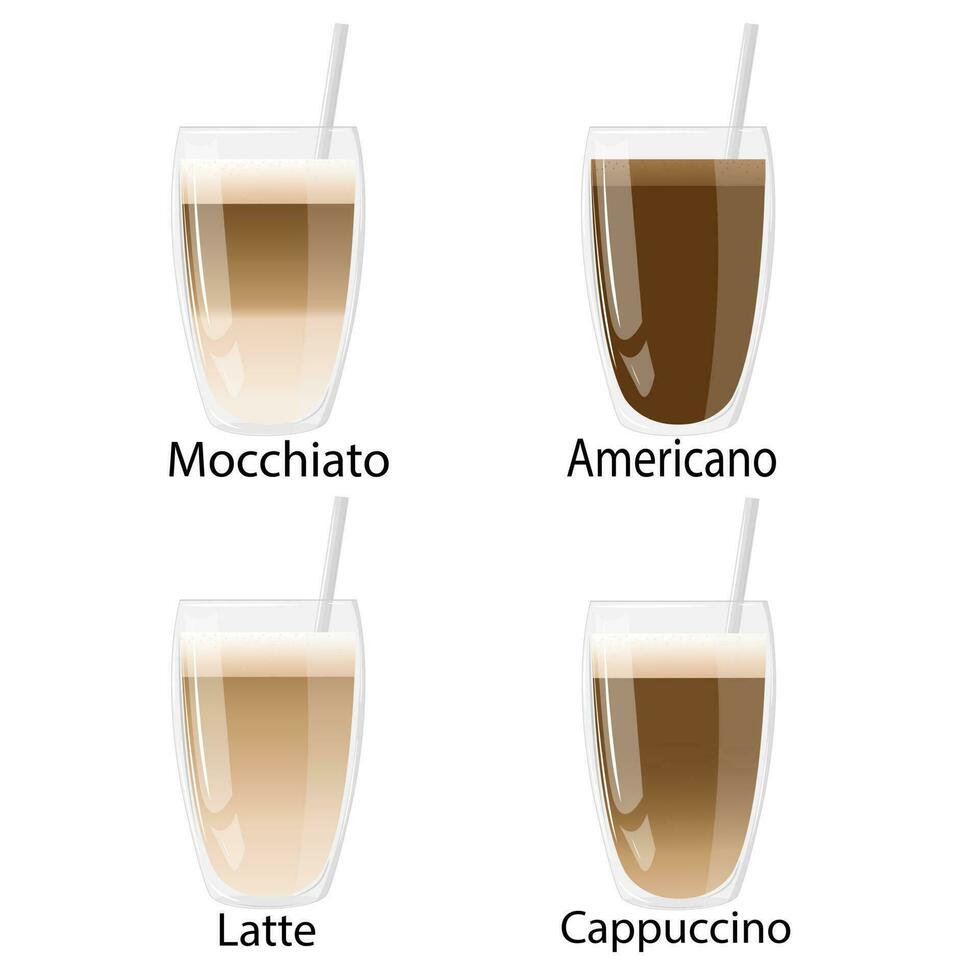 conjunto lentes con café. genial para menú, póster o restaurante antecedentes. americano, capuchino, macchiato, latté. robusta, arábica vector aislado en blanco antecedentes