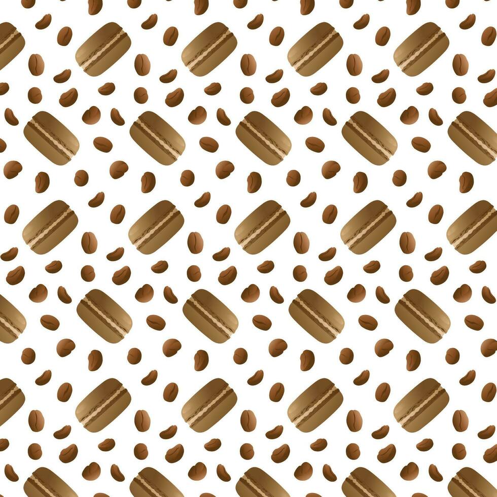 Seamless pattern brown chocolate macarons with coffee beans.Highly detailed dessert, macaroon, sweets, menu design, restaurants shop. Gradient macarons. Vector illustration