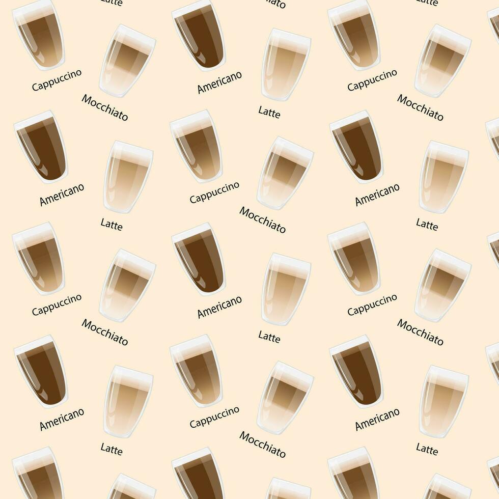 Seamless pattern glasses with coffee. Great for menu, poster or restaurant background. Americano, Cappuccino, Macchiato, Latte. Robusta, arabica vector