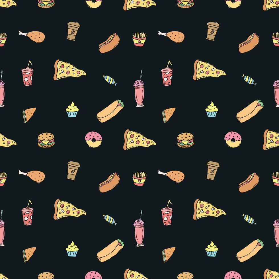 Seamless fast food pattern. fast food background. Doodle fastfood icons. Drawn food pattern vector