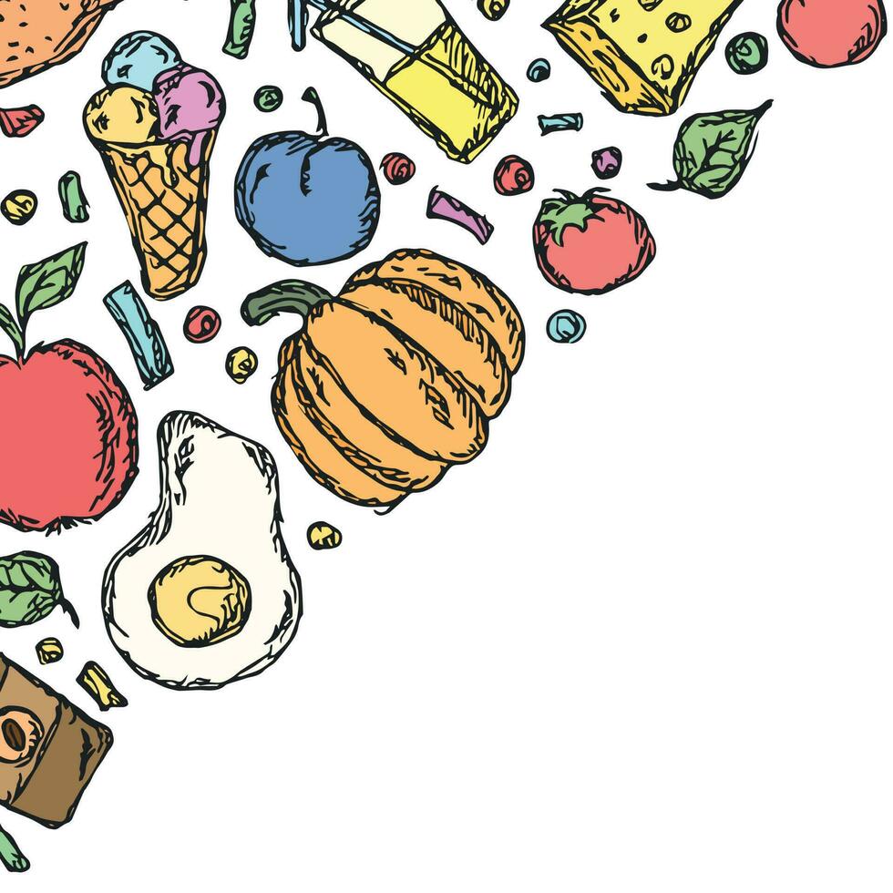 Drawn food background. Doodle food illustration with place for text vector