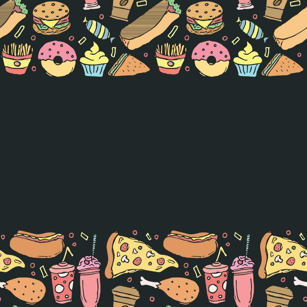 fast food background with place for text. Doodle fastfood icons. Drawn food illustration vector