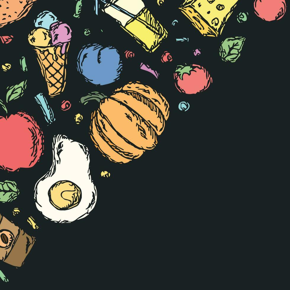 Drawn food background. Doodle food illustration with place for text vector