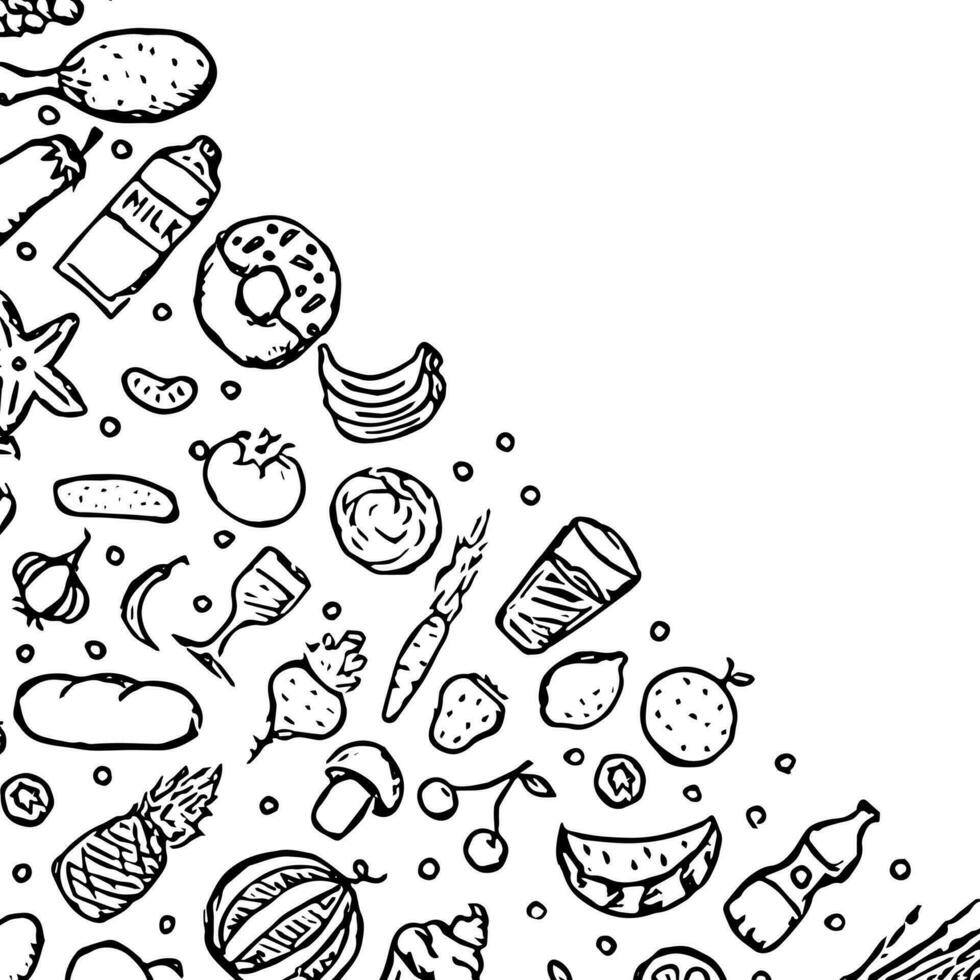 Drawn food background. Doodle food illustration with place for text vector