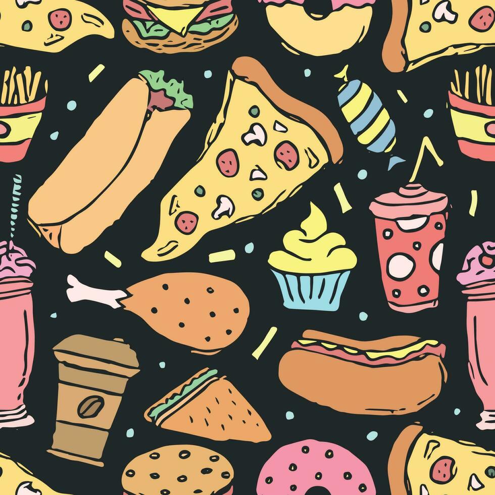 Seamless fast food pattern. fast food background. Doodle fastfood icons. Drawn food pattern vector