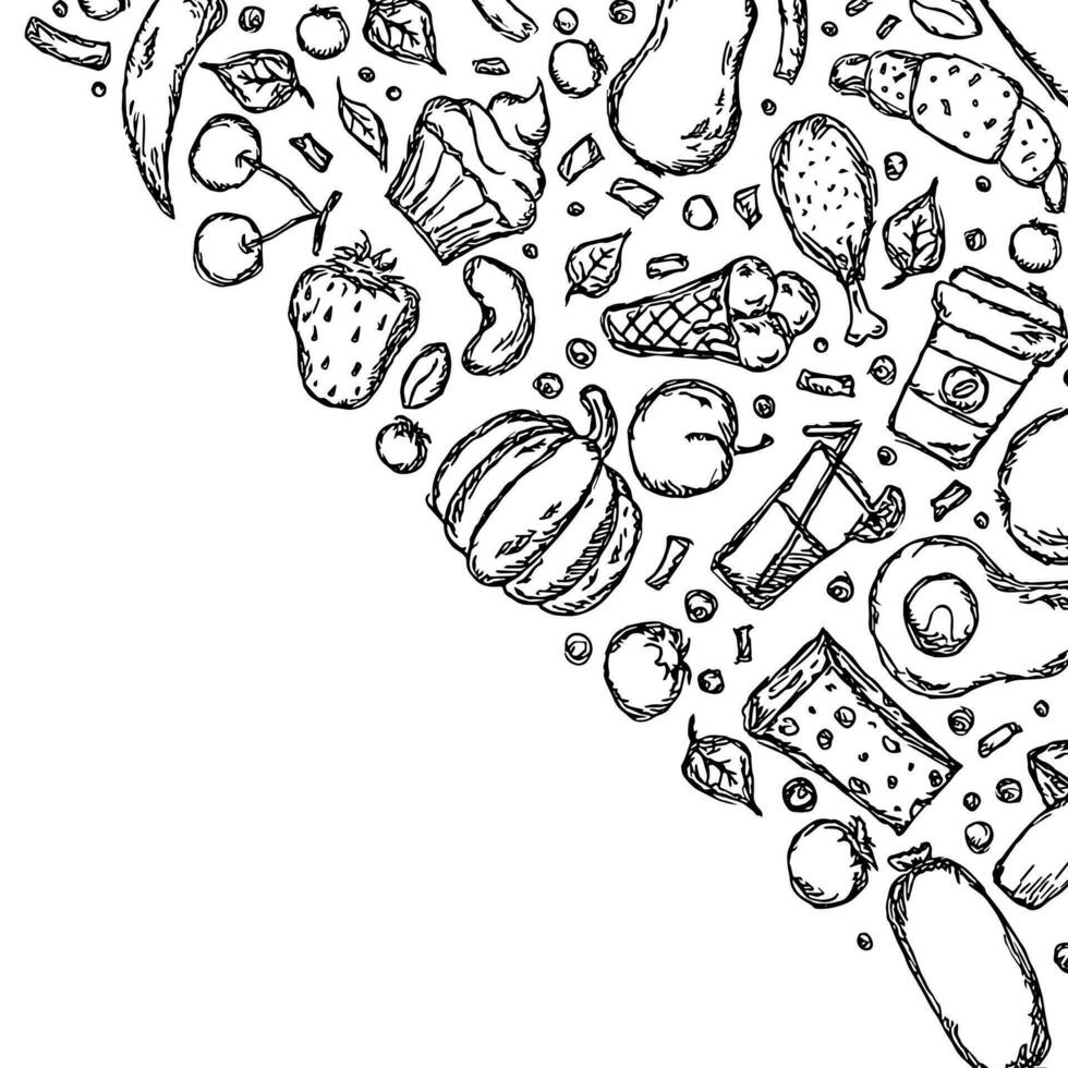 Drawn food background. Doodle food illustration with place for text vector