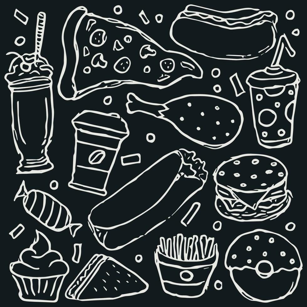 fast food background. Doodle fastfood icons. Drawn food illustration vector