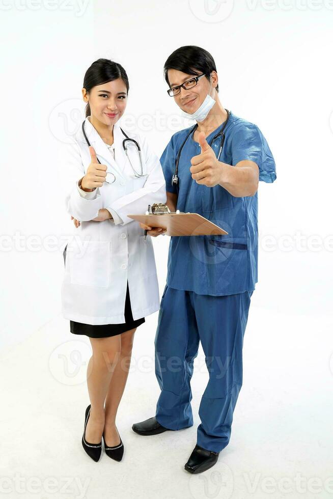 Young Asian male female doctor wearing apron uniform tunic apron hold photo