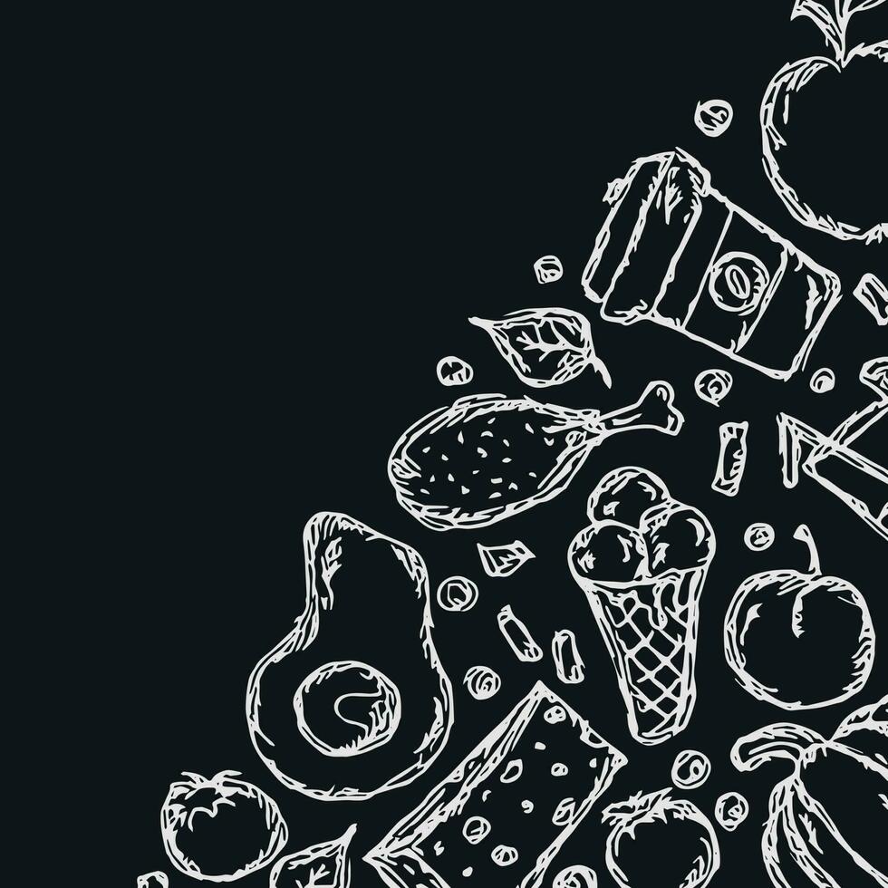 Drawn food background. Doodle food illustration with place for text vector