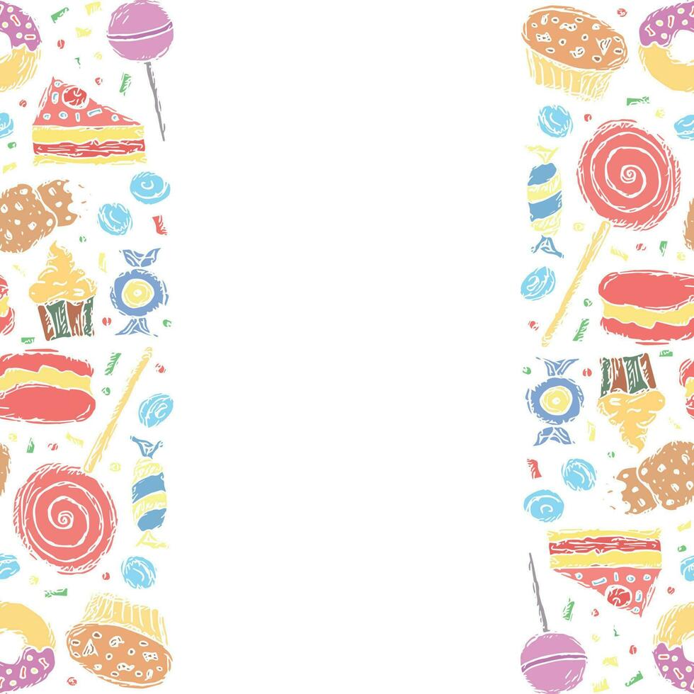 Drawn sweets background. Doodle food illustration with sweets and place for text vector