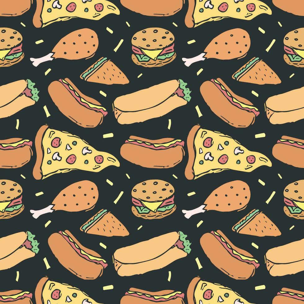 Seamless fast food pattern. fast food background. Doodle fastfood icons. Drawn food pattern vector