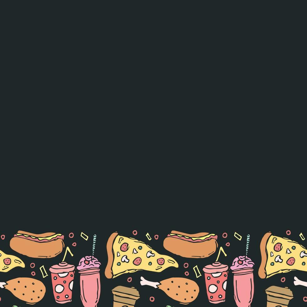 fast food background with place for text. Doodle fastfood icons. Drawn food illustration vector