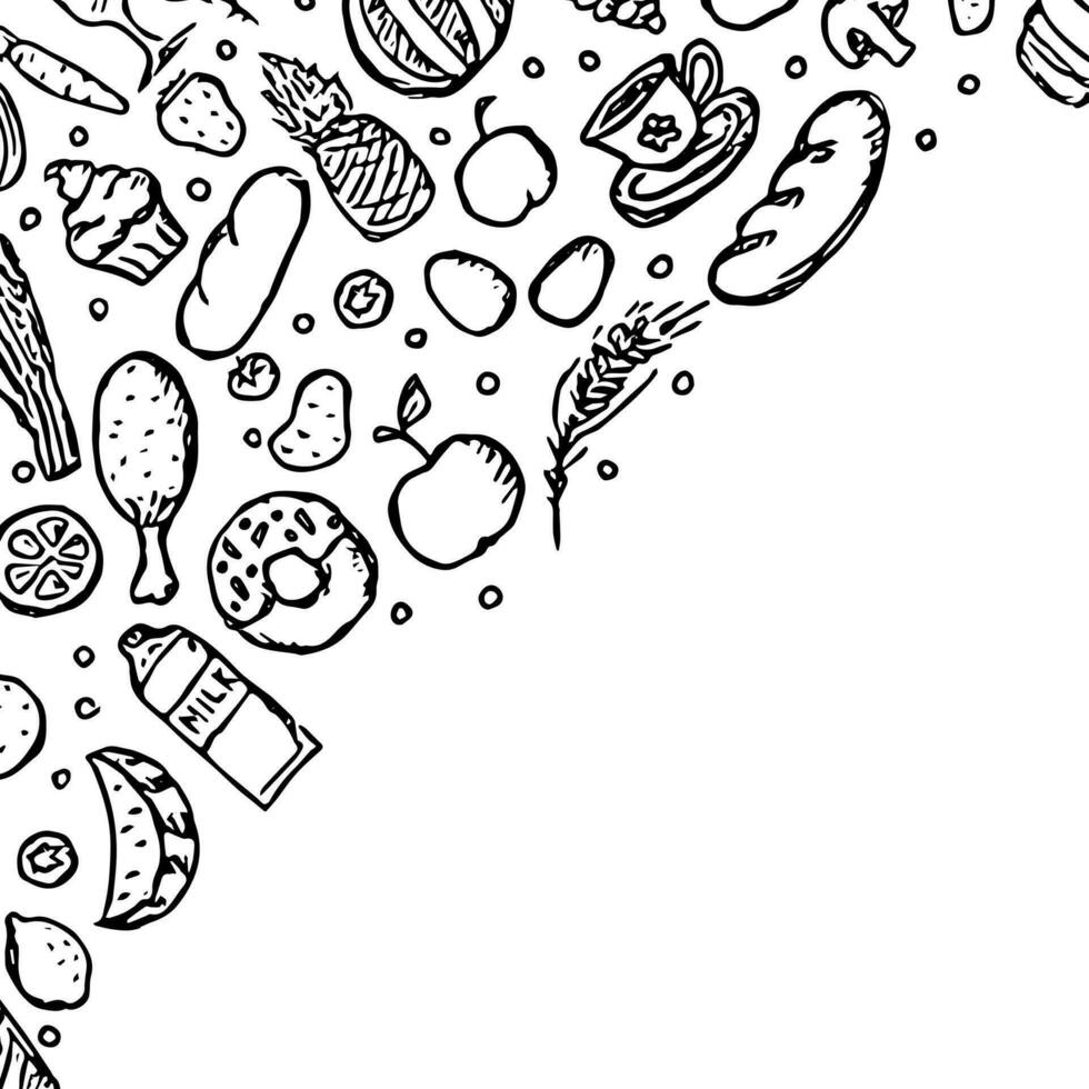 Drawn food background. Doodle food illustration with place for text vector