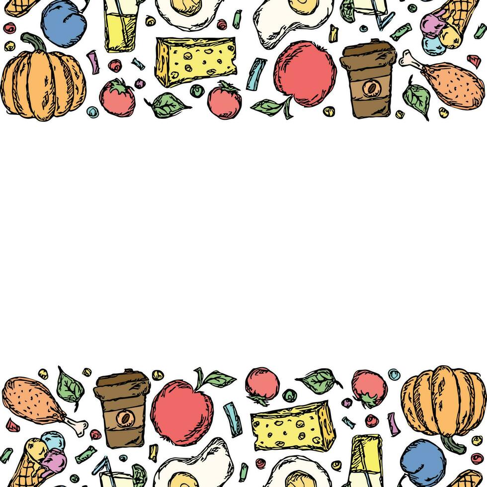 Drawn food background. Doodle food illustration with place for text vector