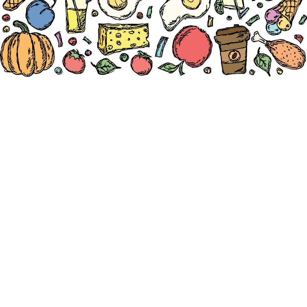 Drawn food background. Doodle food illustration with place for text vector