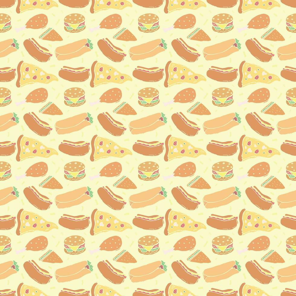 Seamless fast food pattern. fast food background. Doodle fastfood icons. Drawn food pattern vector