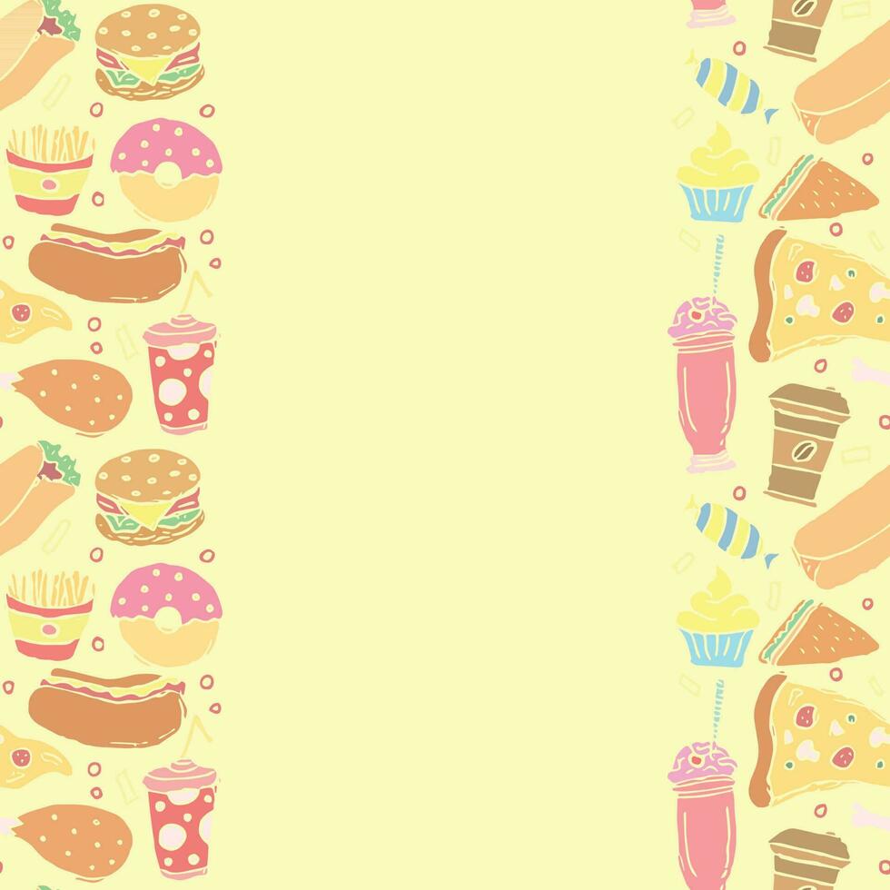 fast food background with place for text. Doodle fastfood icons. Drawn food illustration vector