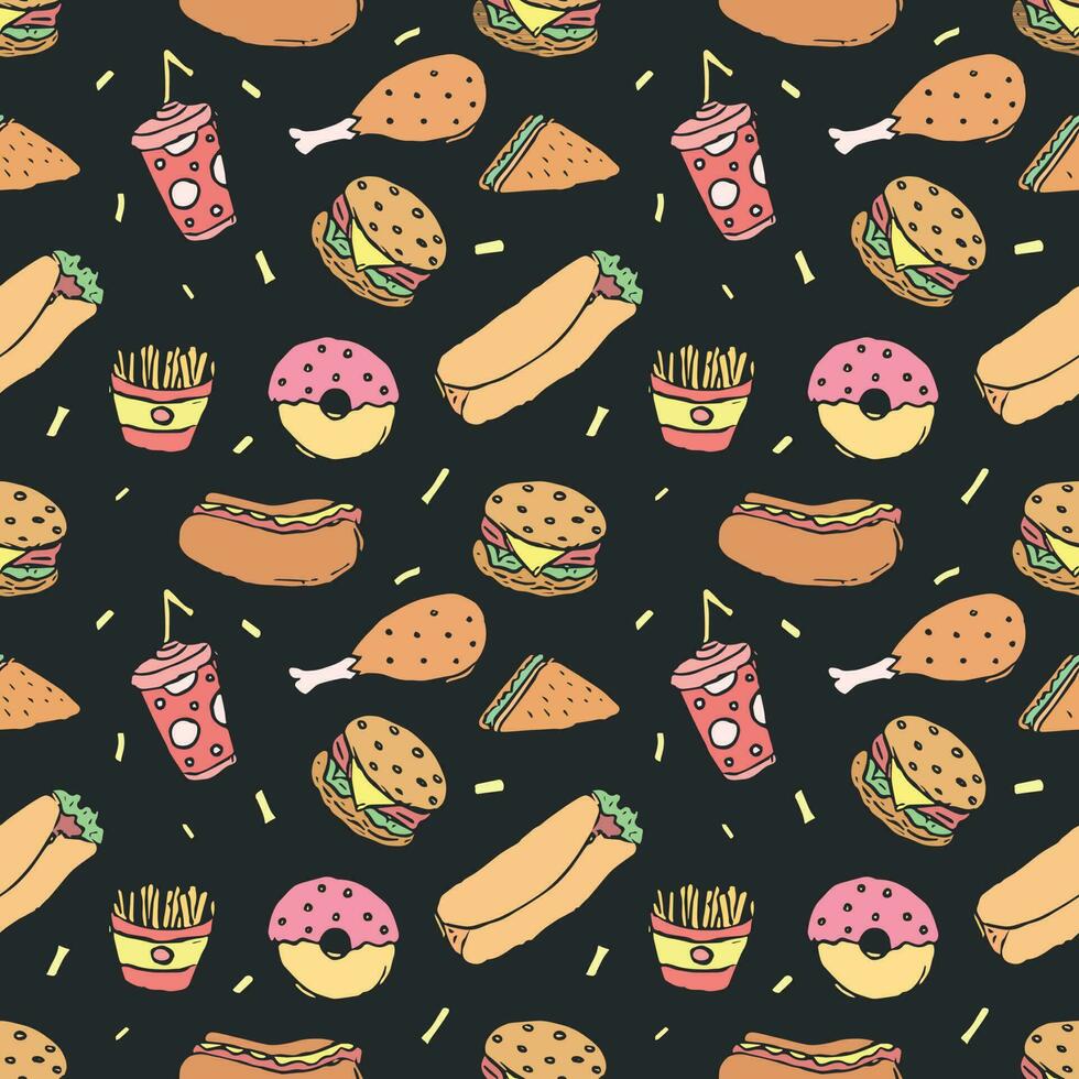 Seamless fast food pattern. fast food background. Doodle fastfood icons. Drawn food pattern vector