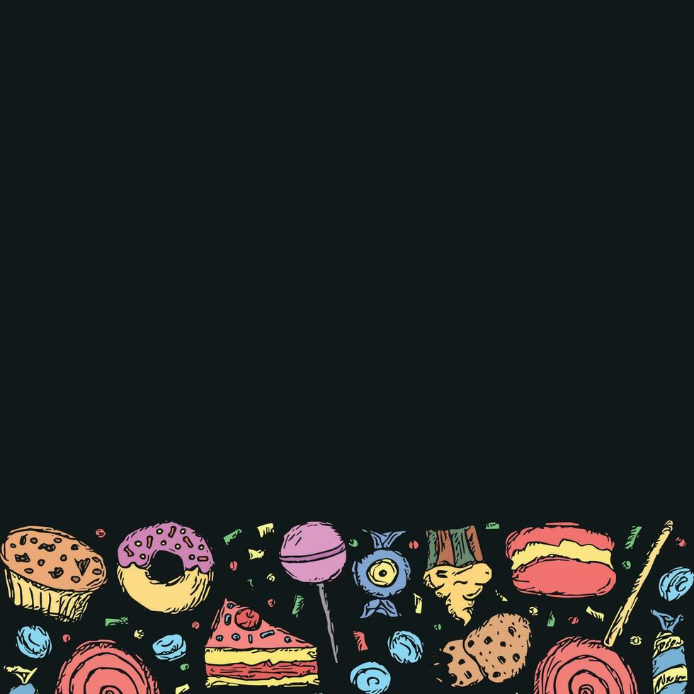 Drawn sweets background. Doodle food illustration with sweets and place for text vector