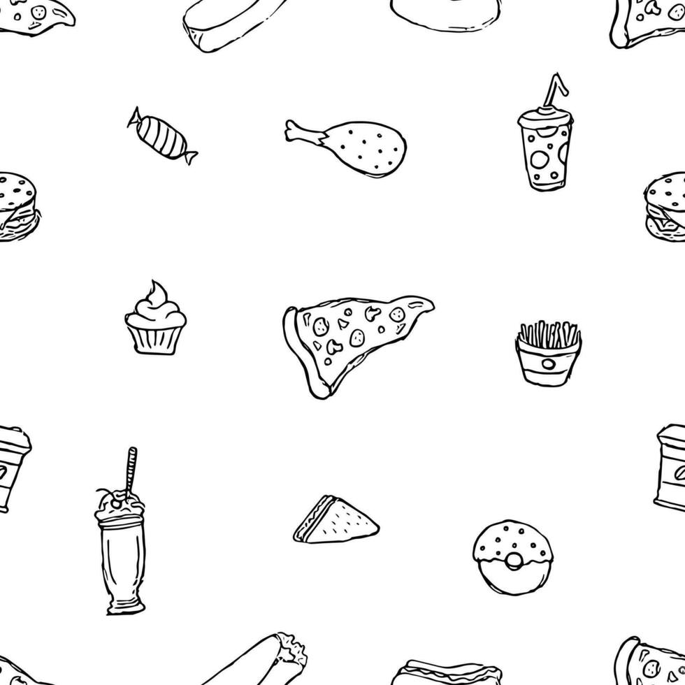 sin costura rápido comida modelo. rápido comida antecedentes. garabatear comida rápida iconos dibujado comida modelo vector