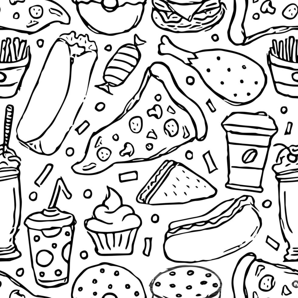 Seamless fast food pattern. fast food background. Doodle fastfood icons. Drawn food pattern vector