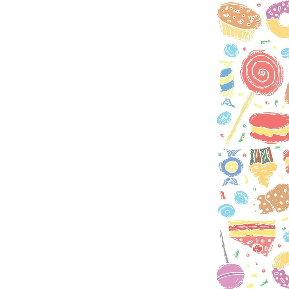 Drawn sweets background. Doodle food illustration with sweets and place for text vector
