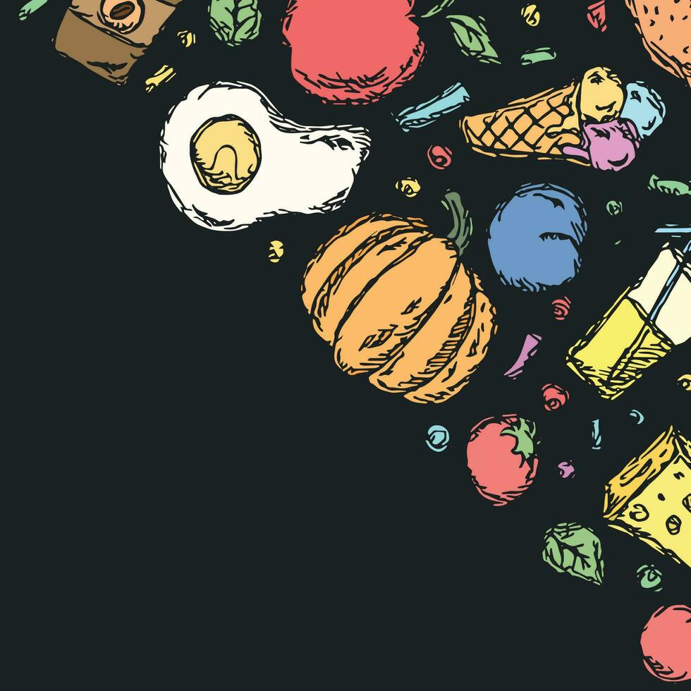 Drawn food background. Doodle food illustration with place for text vector