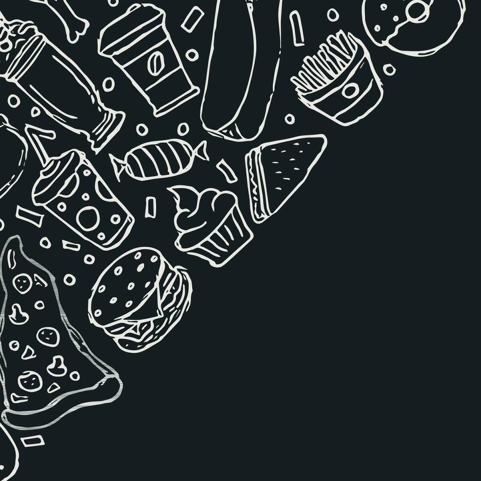 fast food background with place for text. Doodle fastfood icons. Drawn food illustration vector