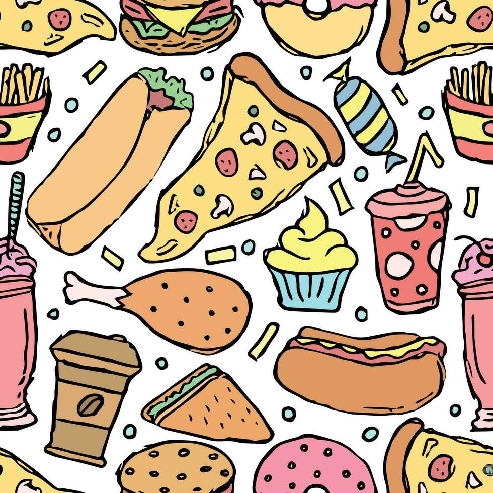 Seamless fast food pattern. fast food background. Doodle fastfood icons. Drawn food pattern vector