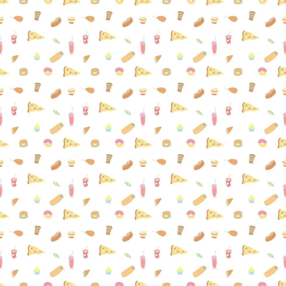 Seamless fast food pattern. fast food background. Doodle fastfood icons. Drawn food pattern vector