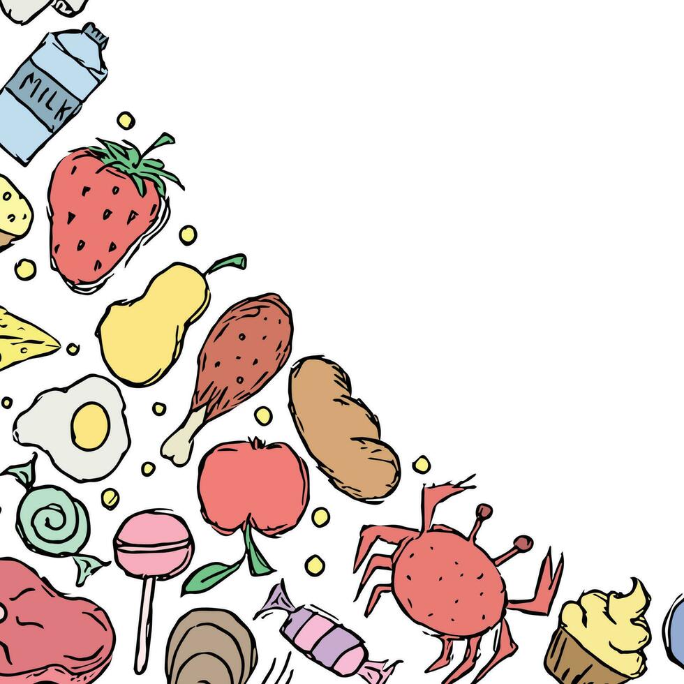 Drawn food background. Doodle food illustration with place for text vector