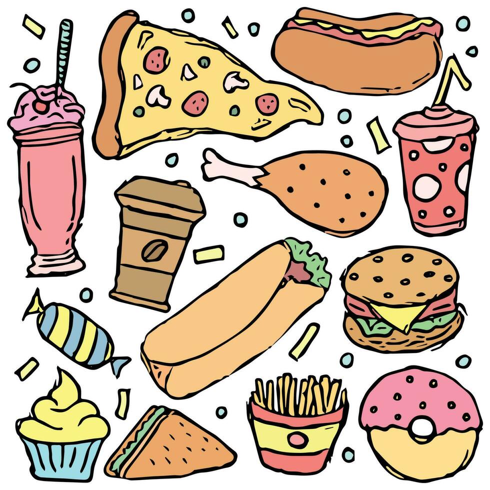 fast food background. Doodle fastfood icons. Drawn food illustration vector