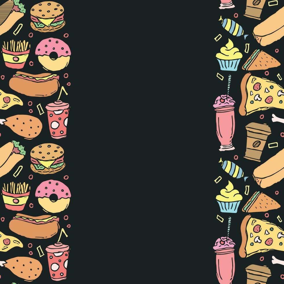 fast food background with place for text. Doodle fastfood icons. Drawn food illustration vector