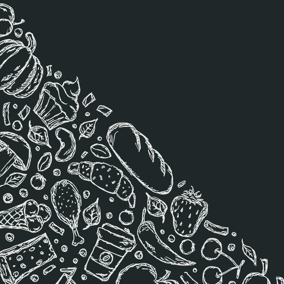 Drawn food background. Doodle food illustration with place for text vector