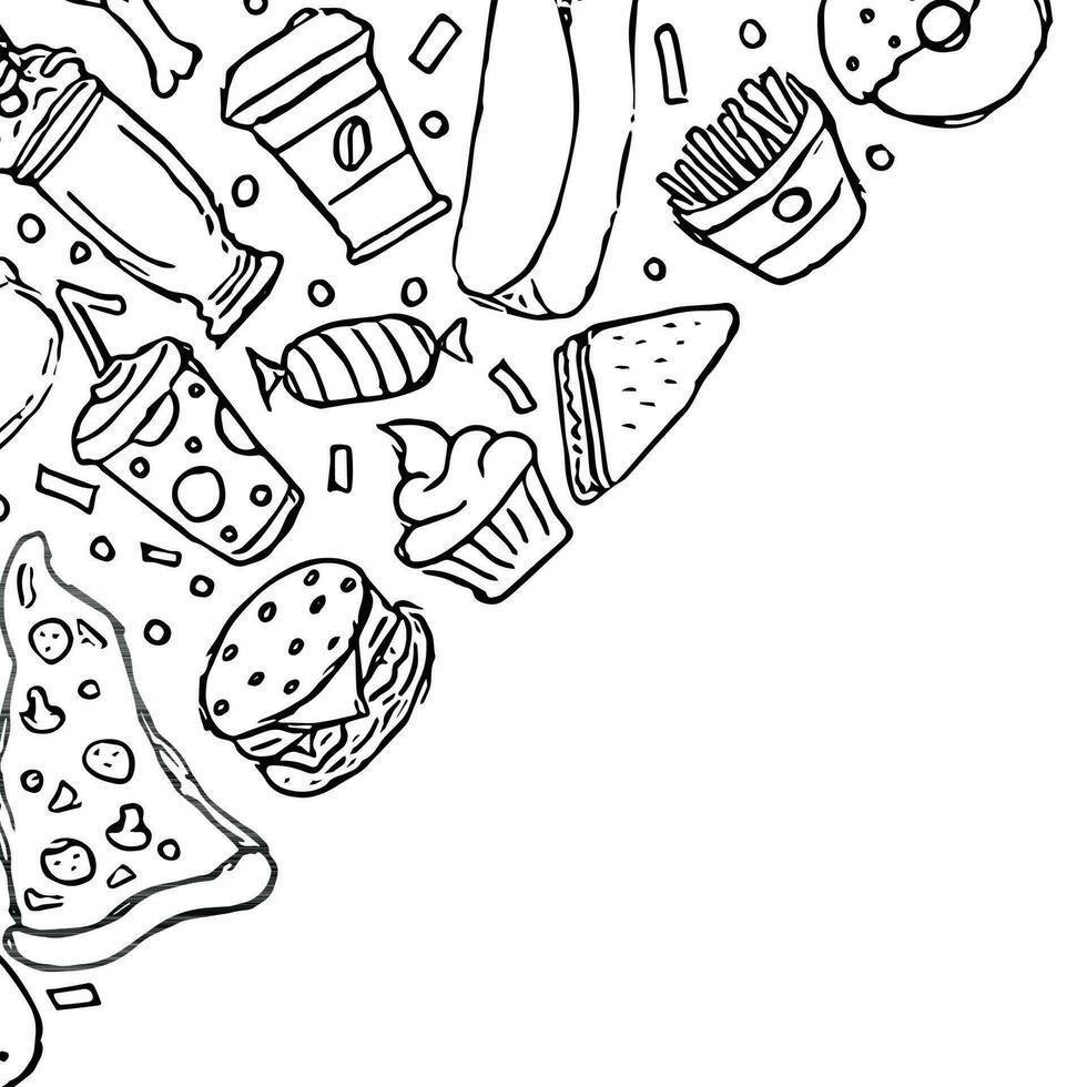 fast food background with place for text. Doodle fastfood icons. Drawn food illustration vector