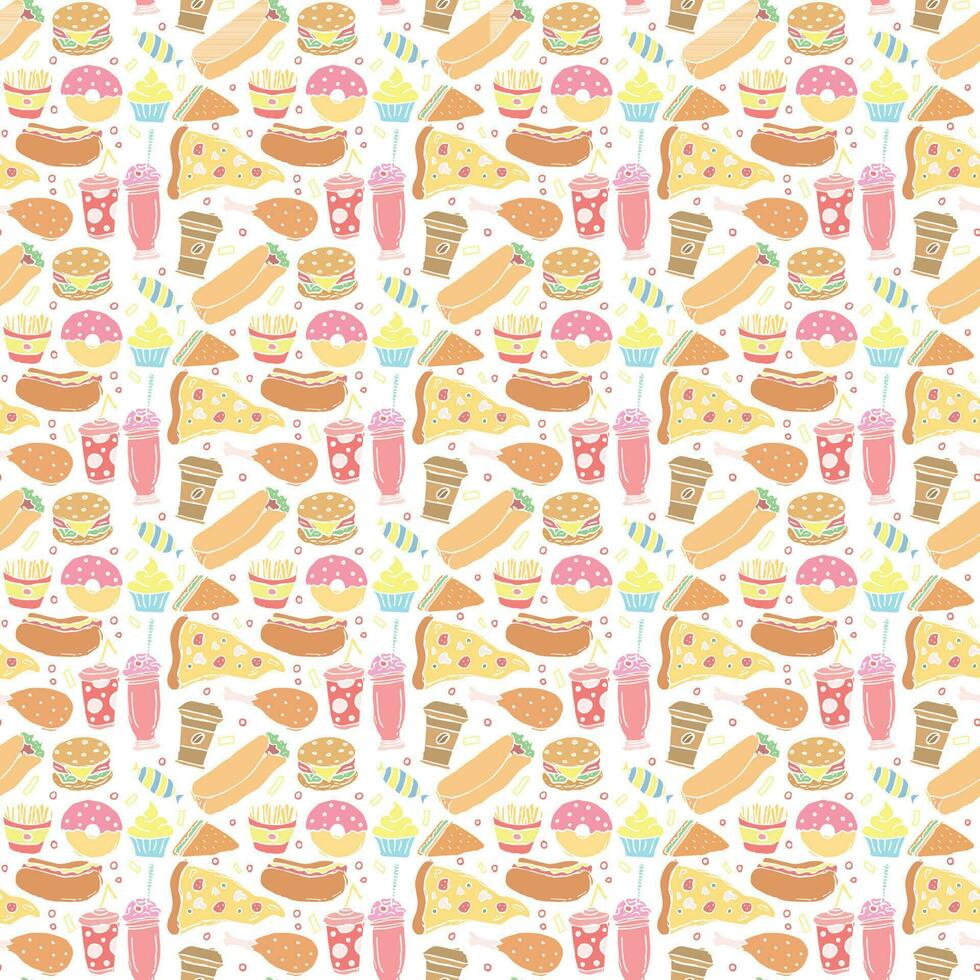 Seamless fast food pattern. fast food background. Doodle fastfood icons. Drawn food pattern vector